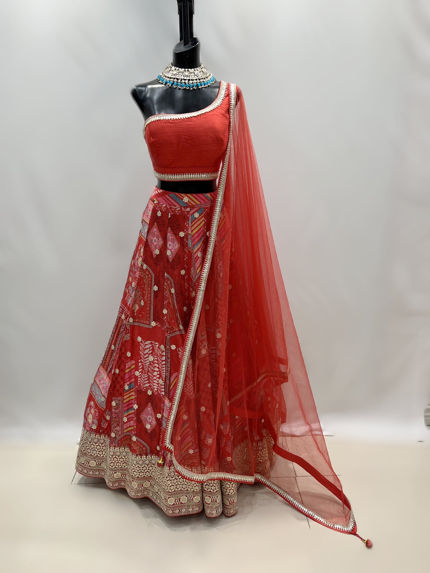 Unique Red Printed Flowy Lehenga