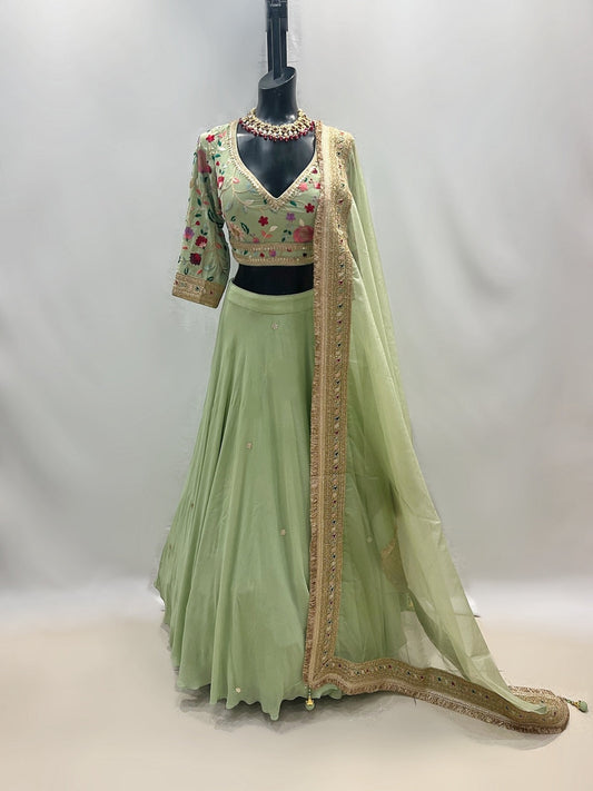 Flowy Mint Lehenga With Heavy Thread Work Top