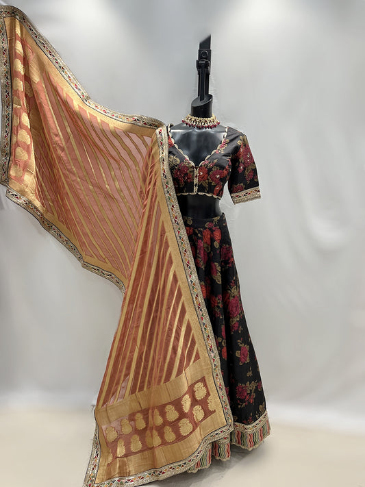 Black Floral Lehenga With Peach Silk Dupatta