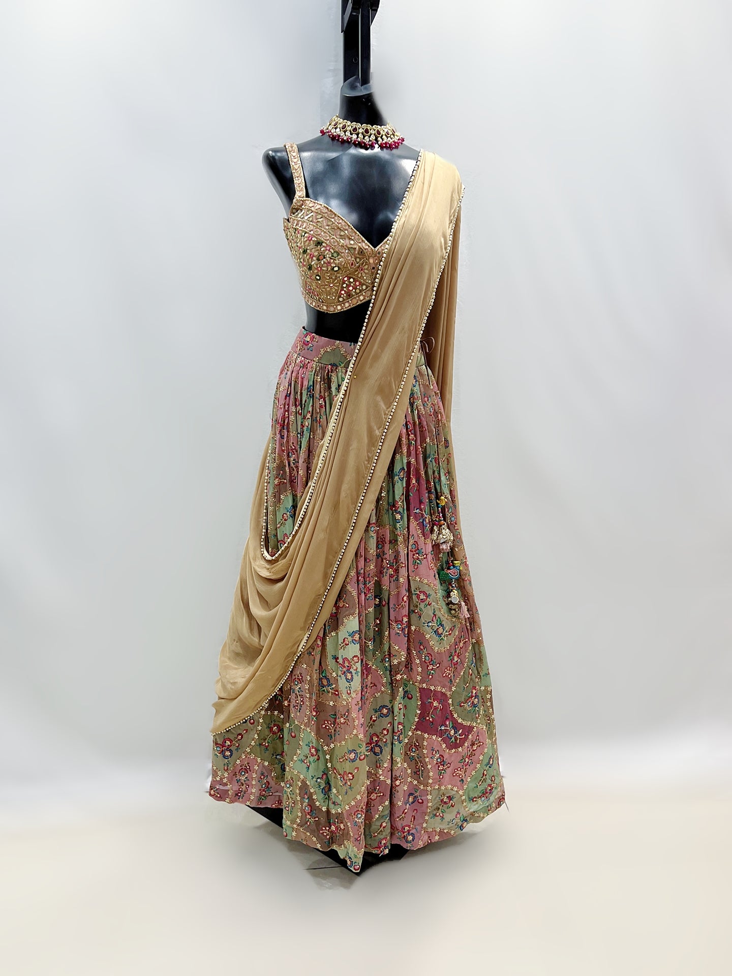 Multicolor Printed Lehenga With Heavy Gold Mirror Top