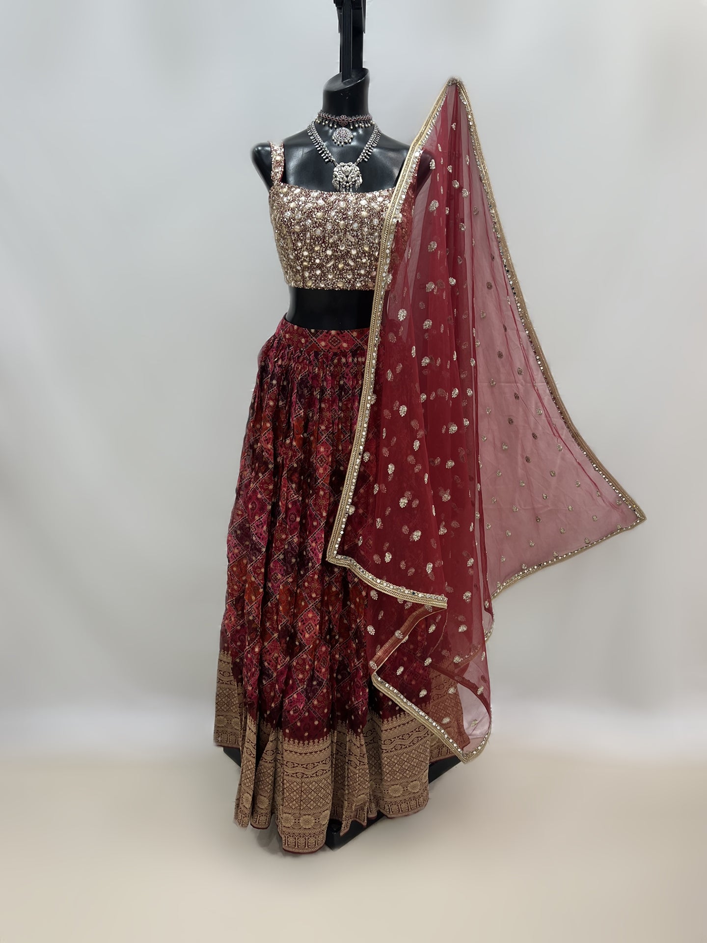 Deep Red Printed Lehenga With Heavy Top