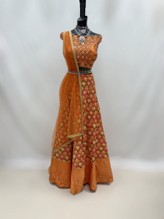 Orange Off-the-shoulder Printed Lehenga