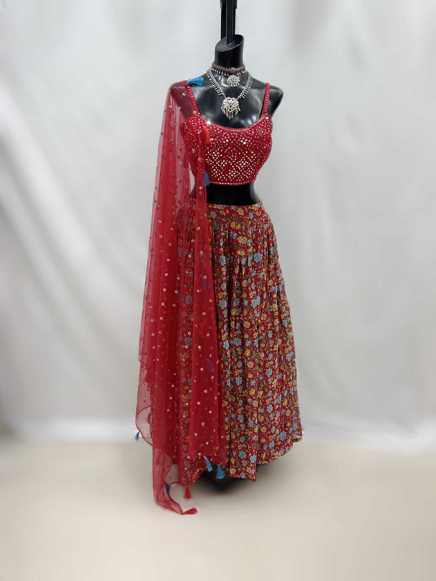 Red Printed Lehenga With Mirror Top