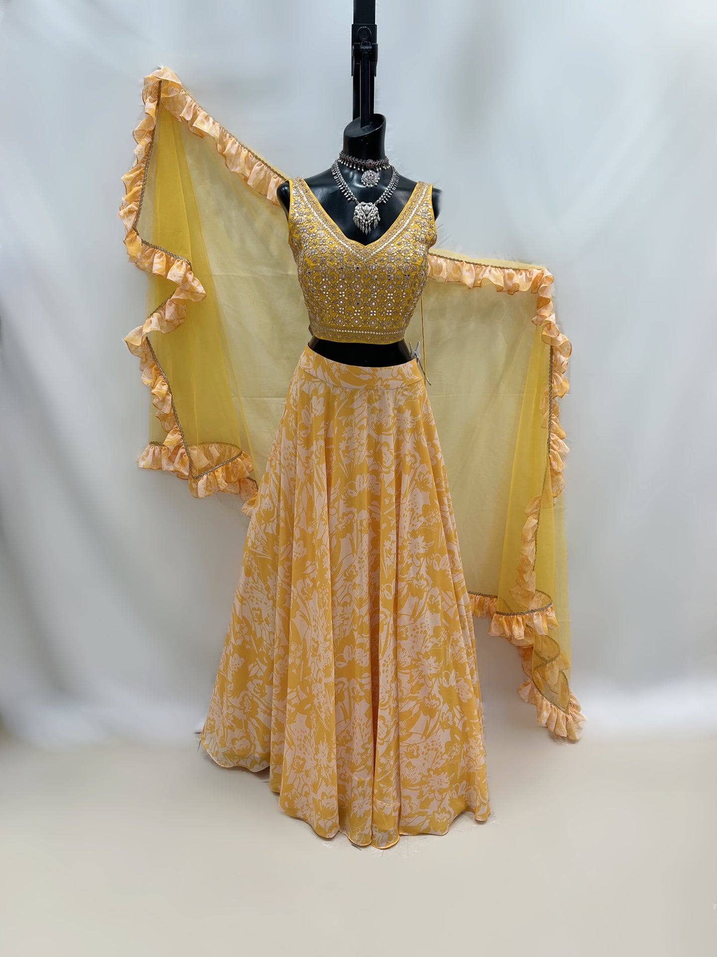 Yellow Printed Lehenga With Heavy Mirror Top