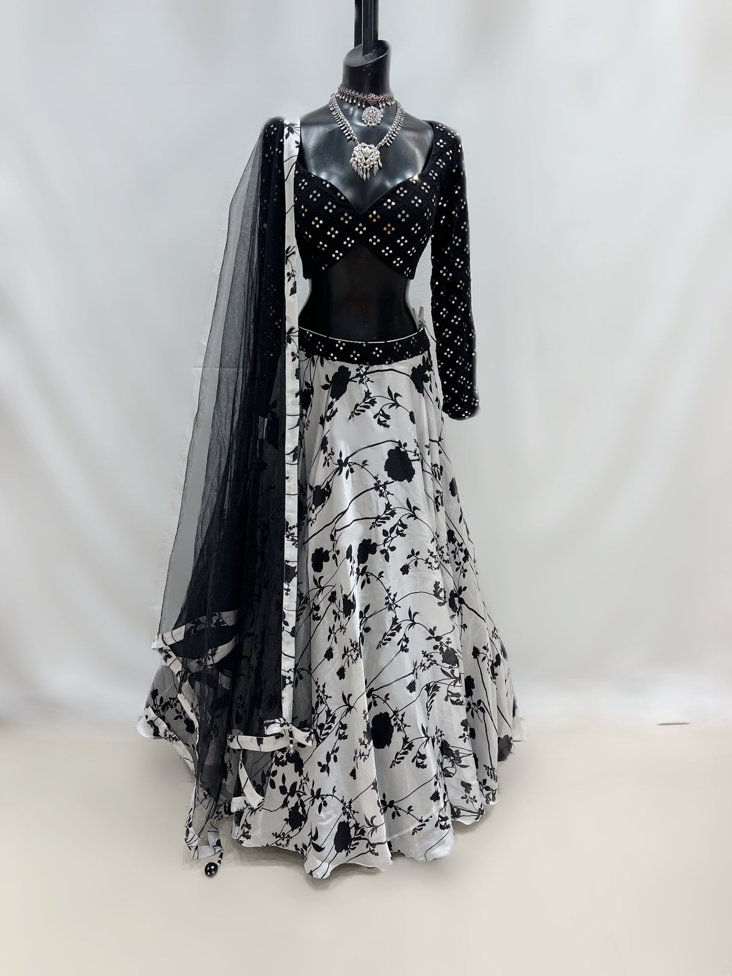 Black & White Printed Lehenga With Mirror Top