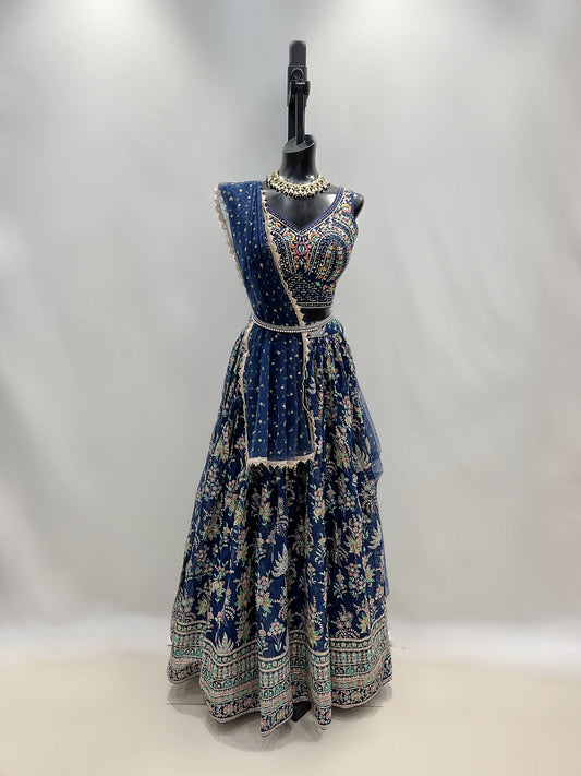 Blue Floral Printed Lehenga With Heavy Top